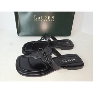 Lauren Ralph Lauren Black Croc Embossed Fringe Thong Sandals sz6.5 SquareToe 368